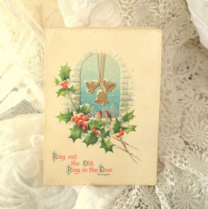 Picture of VINTAGE CHRISTMAS CARD WITH BELLS, HOLLY AND RED ROBIN*SOLD*